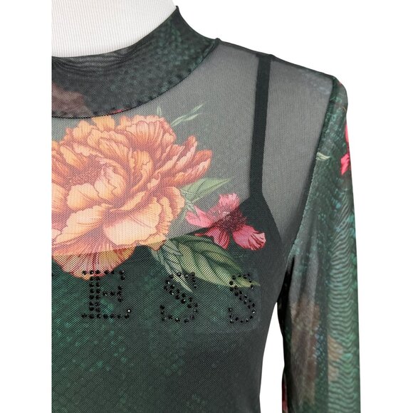Guess Green Floral Mesh Rhinestone Bodycon Mini Dress | Sirencore Whimsigoth Y2K - Picture 4 of 16